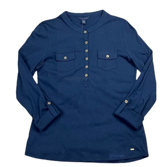 Tommy Hilfiger Navy Blue Roll Tab Sleeve Top Size Medium - Picture 3 of 8